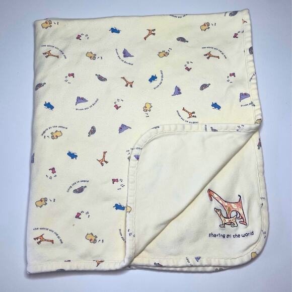 Vintage Carters John Lennon Baby Blanket Yellow Animals Sharing All The World - Picture 1 of 9